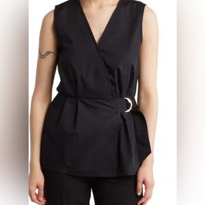 Ellen Tracy Black Sleeveless Poplin Wrap Top with Belted Waist, Large